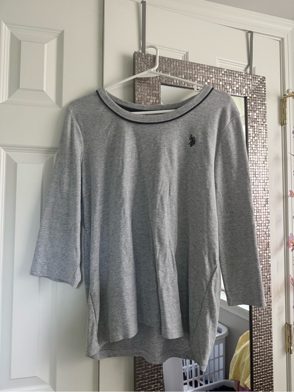 U.S. Polo Assn. Light Gray Three-Quarter Sleeve Tee with Navy Trim